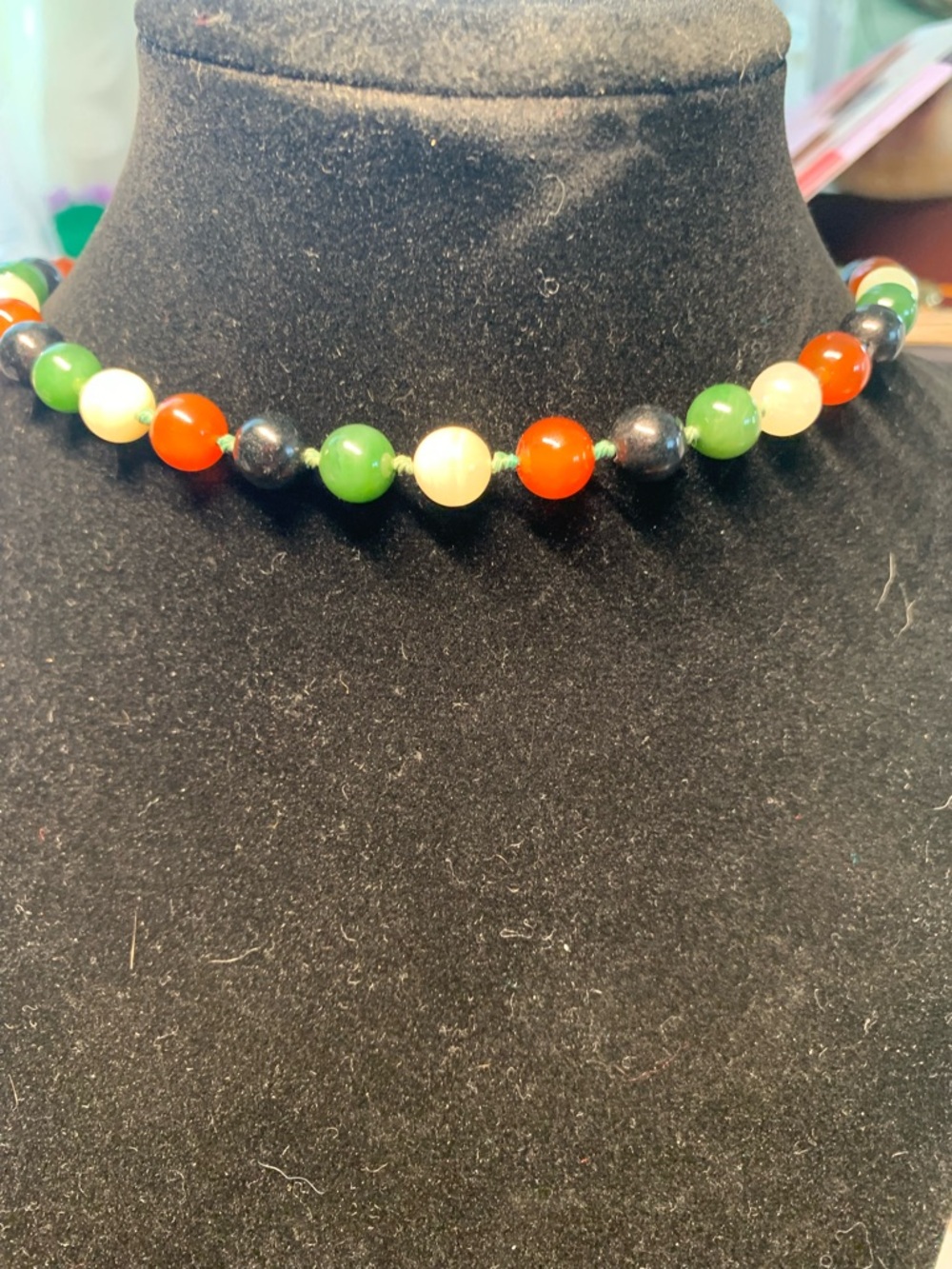 Classic Multicolor Bead Necklace - Green, Red, Cream, Black